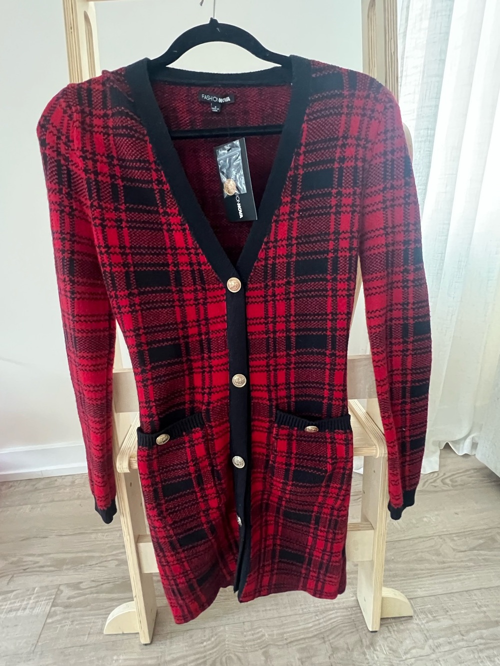 Fashion Nova Red and Black Plaid Button Cardigan